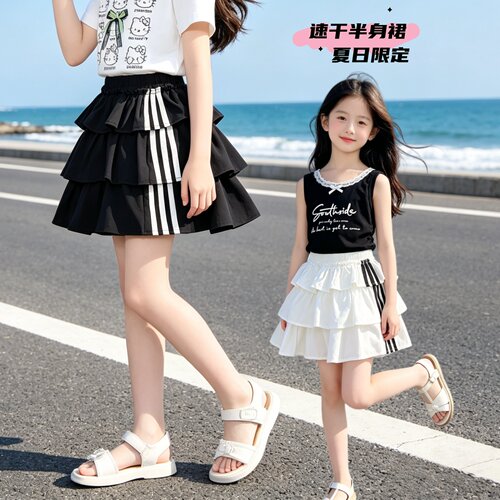 女童夏季黑色白色半身裙蛋糕裙