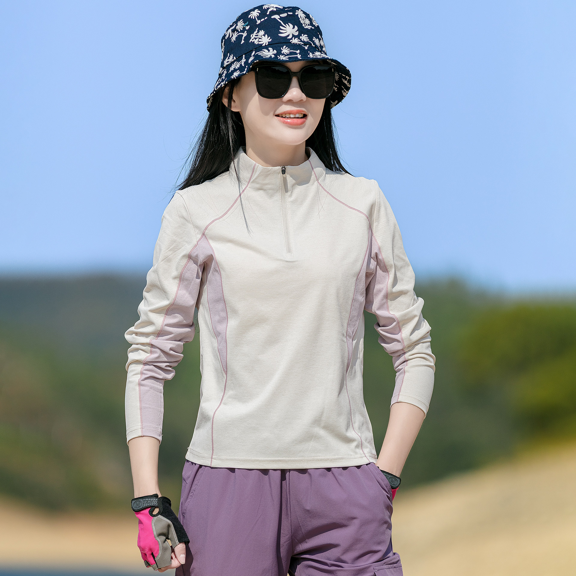 速干衣女长袖t恤立领薄款户外运动跑步撞色拼接弹力透气登山上衣