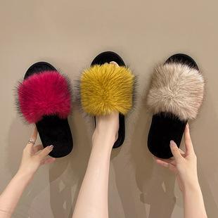 外贸新款彩色貂毛拖鞋大毛皮时尚棉拖鞋冬季保暖居家居毛毛拖鞋女