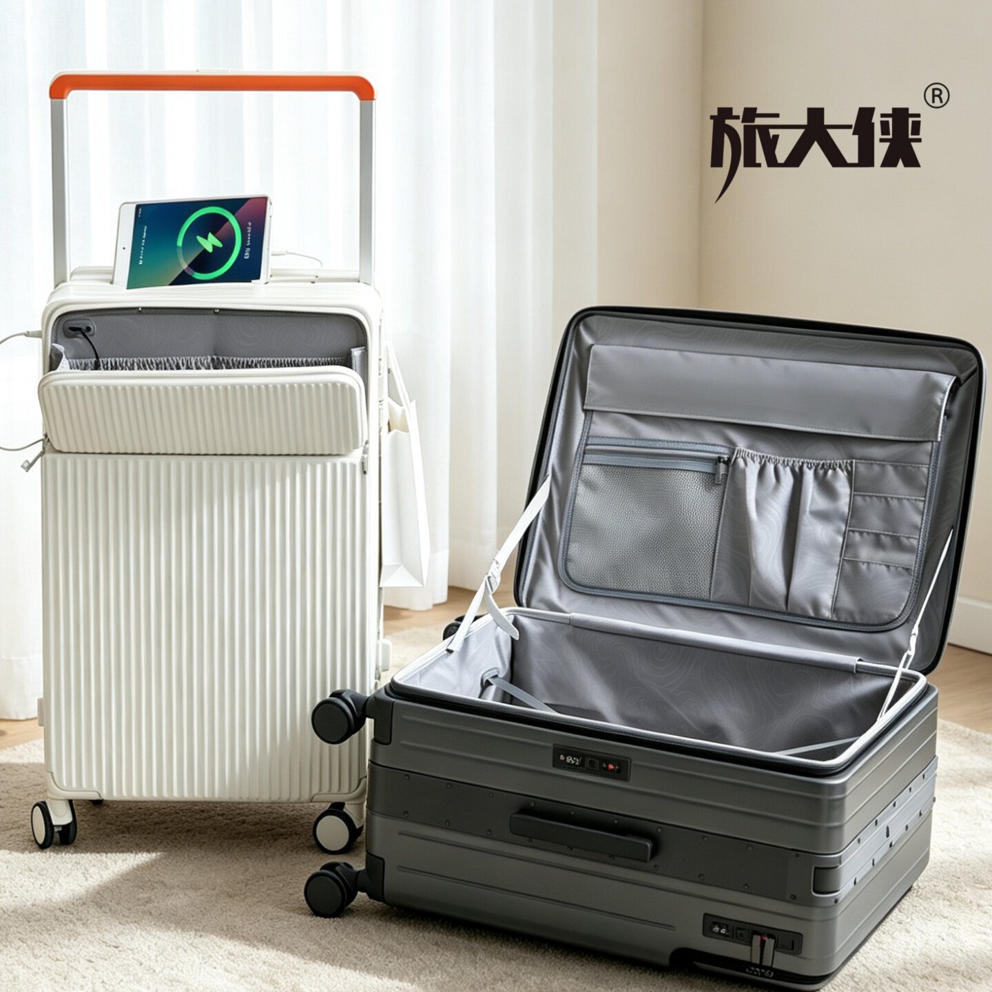 双开盖深舱全能铝合金框宽拉杆箱图片
