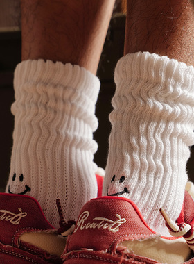 【加厚毛巾底 抗菌防臭】笑脸潮流中筒袜男秋冬保暖纯棉运动长袜