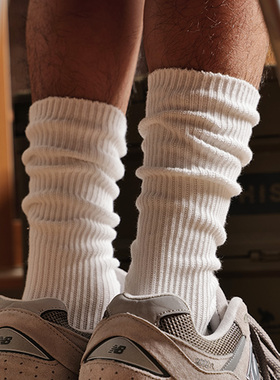 秋冬季港风潮牌长筒袜男款纯棉高帮高筒运动长袜纯白色小腿堆堆袜