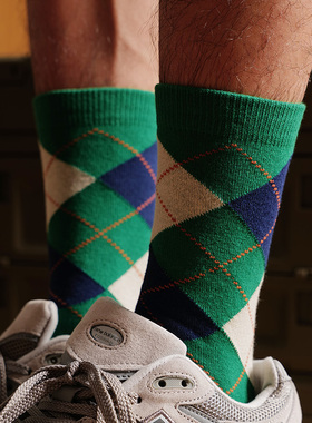 艺术生袜子男款绿色菱形无骨中筒袜潮流个性高帮长袜男士商务棉袜