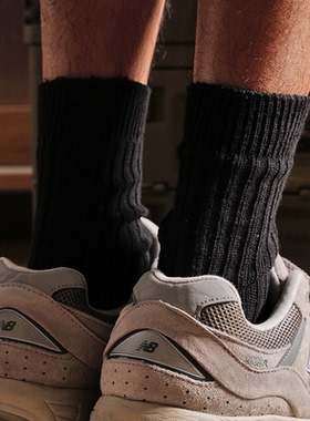 抗菌防臭CityBoy日系黑色运动袜潮袜男款粗线针织纯棉堆堆中筒袜