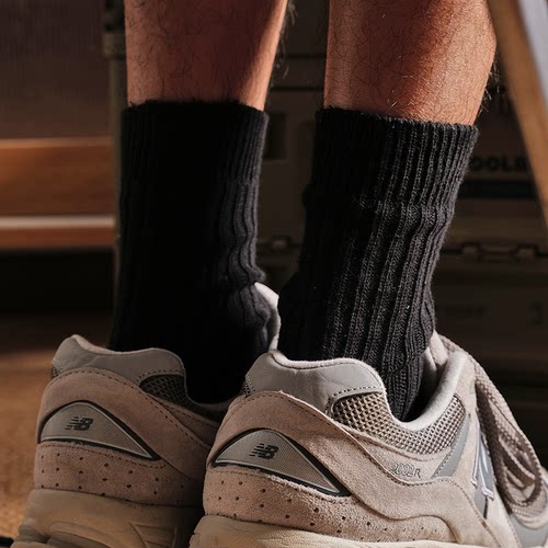 抗菌防臭CityBoy日系黑色运动袜潮袜男款粗线针织纯棉堆堆中筒袜