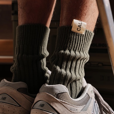 复古绿日系百搭堆堆粗线男袜纯棉布标高筒长袜男款潮牌运动中筒袜