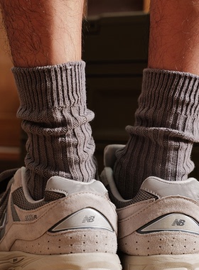 重工机能男灰色袜子粗线针织堆堆长袜港风日系简约百搭学生中筒袜