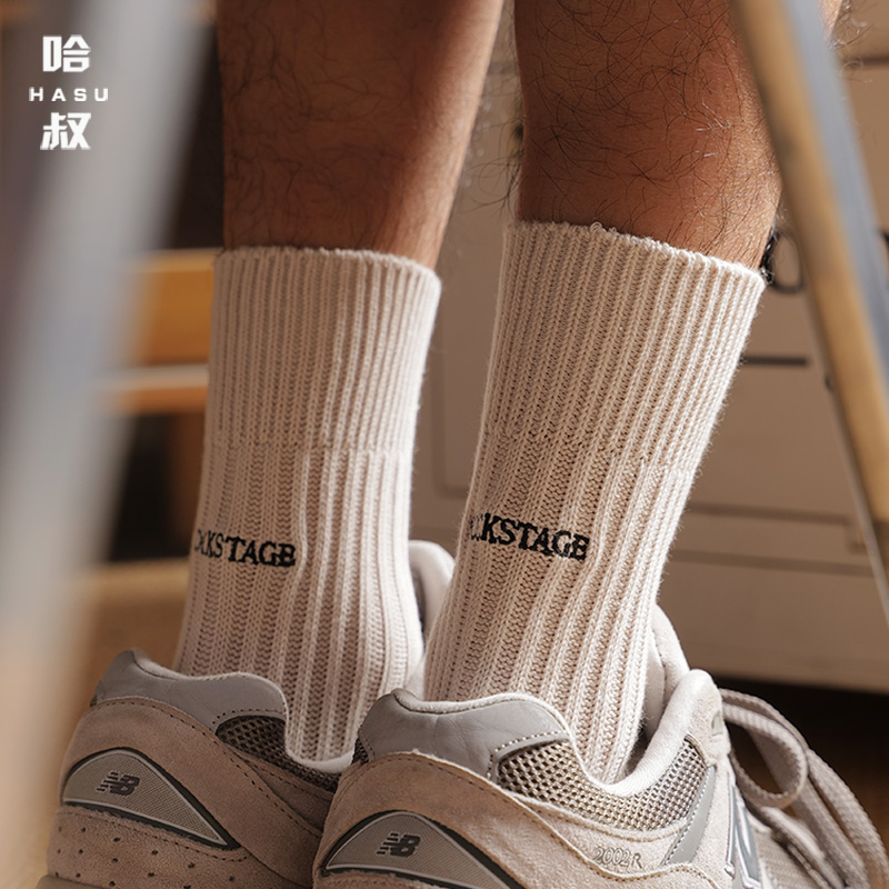 秋冬季粗线针织重工刺绣户外运动袜男款纯棉工业港风中筒袜潮男袜