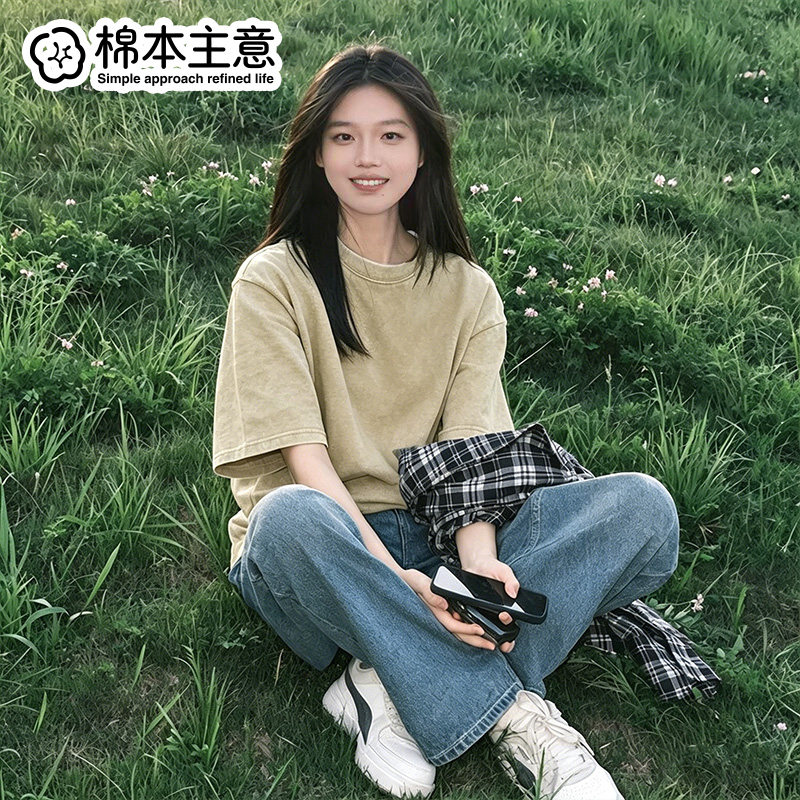 宽松大码复古做旧短袖t恤男女款