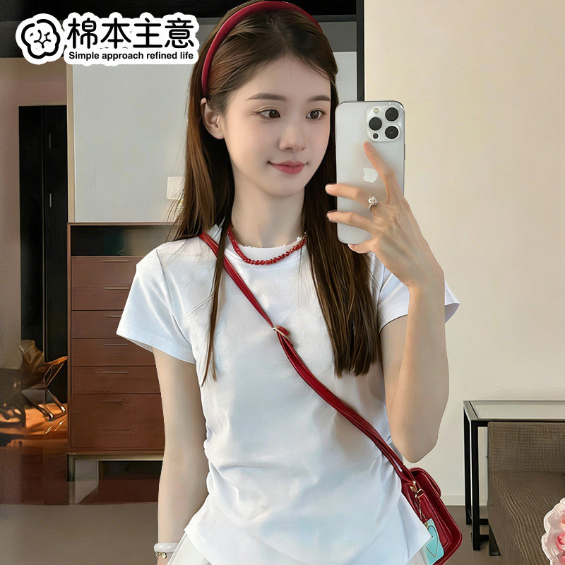正肩显瘦t恤女收腰大圆领短袖夏