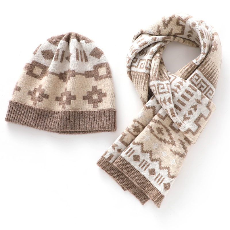 23年秋冬季节100纯山羊绒女士舒适保暖多种图案针织羊绒围巾帽子