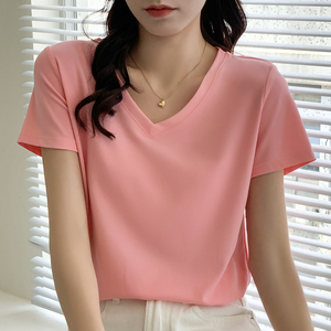 RM7935#后包领珠地棉透气纯色白色t恤女短袖2023年新款V领内搭半袖夏上衣
