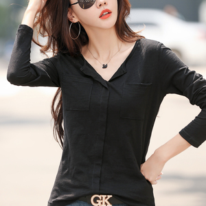 RM23822#纯棉长袖t恤女秋装2023新款宽松百搭v领春秋打底衫女装内搭上衣潮