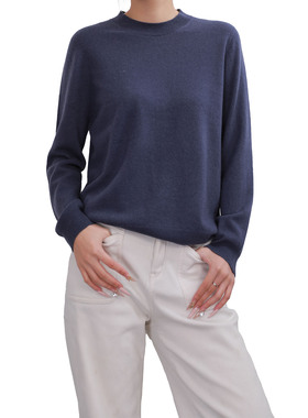 极简风圆领套头100羊绒针织衫女秋冬基础款藏蓝色羊绒衫