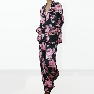 家居服套装 长裤 V密100桑蚕丝印花独特睡袍轻熟家居服睡衣女长袖