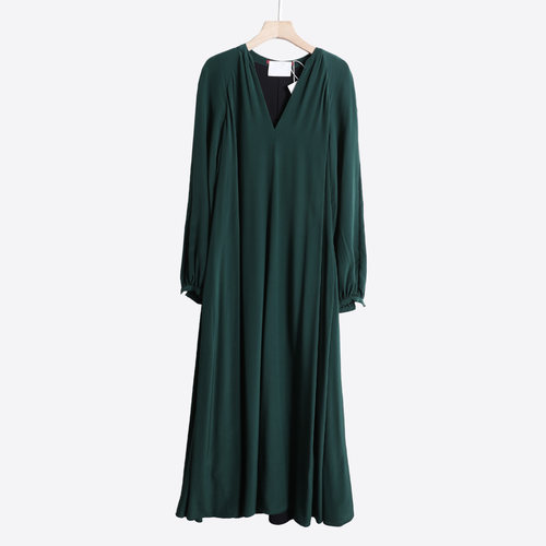 极简风V领长袖连衣裙女墨绿色A字长裙显瘦垂感GP26B-319