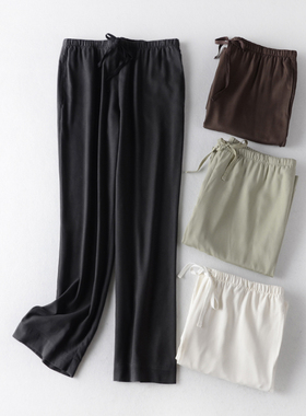 原大码女装桑蚕丝柔软舒服休闲重磅真丝松紧腰抽绳绢丝女直筒裤子