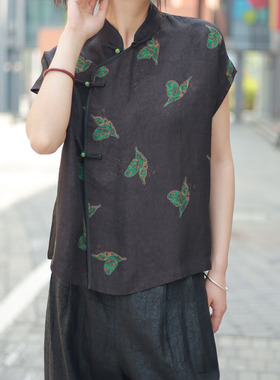 香云纱新中式重要场合小衫斜襟立领复古蝴蝶宽松提花上衣女短袖