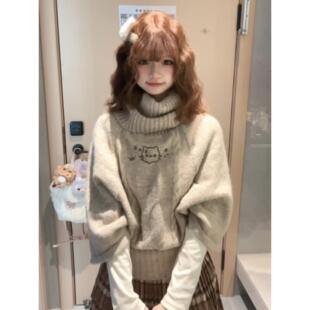 麻花套头斗篷高领毛衣女韩版秋冬新款慵懒外搭设计感印花针织上衣