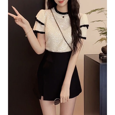 欧货荷叶边亮片针织短袖T恤