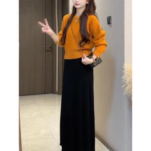 超显白落日橘色圆领套头毛衣女秋冬韩系小个子短款针织打底衫加厚