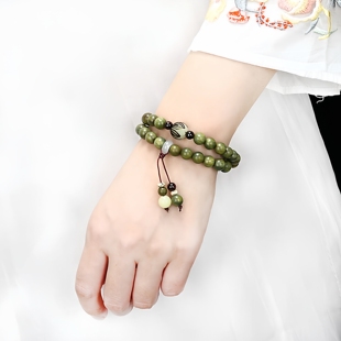复古绿檀木手串女森系菩提手链情侣佛珠檀香念珠莲花民族风新中式