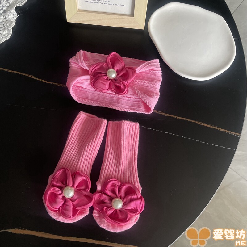 新生儿女宝宝公主满月百天花朵发带囟门发饰 婴幼儿纯棉袜子套装