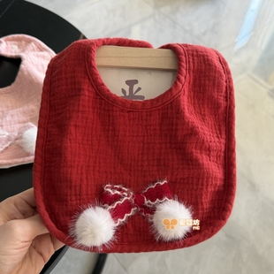 原创宝宝新年红色喜庆围嘴纯棉纱布豆豆绒防水口水巾加厚新生围兜