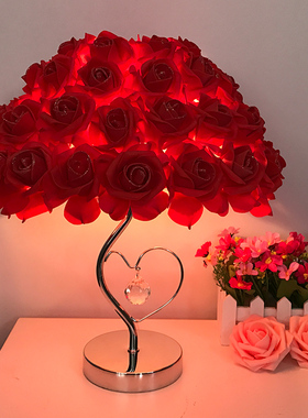 水晶台灯创意婚庆婚房红色陪嫁卧室床头灯台灯欧式玫瑰花结婚礼物