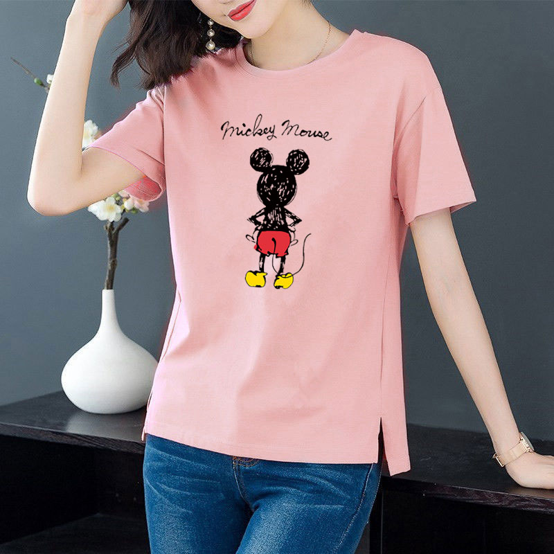 Cotton 6 colors large round neck split short sleeve T-shirt women's casual versatile top