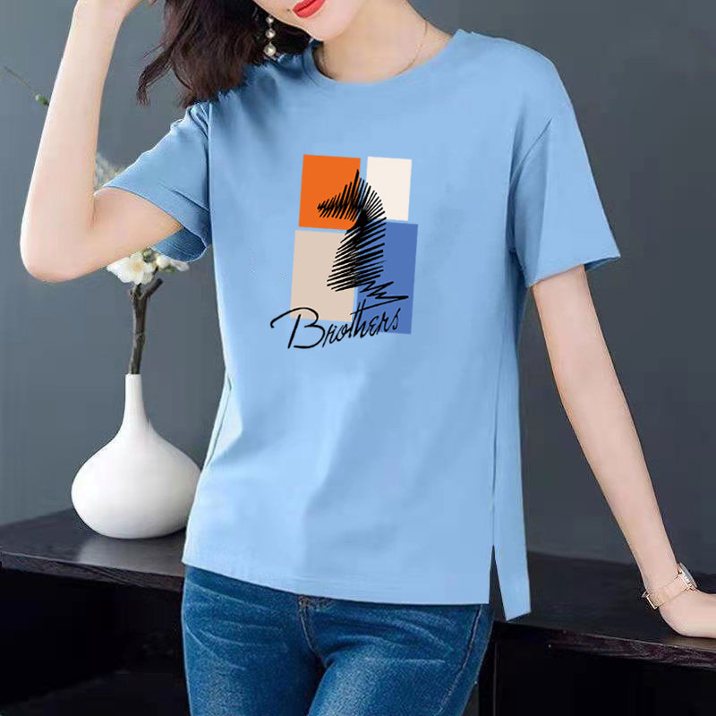 Cotton 6 colors large round neck split short sleeve T-shirt women's casual versatile top