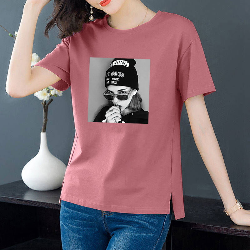 Cotton 6 colors large round neck split short sleeve T-shirt women's casual versatile top