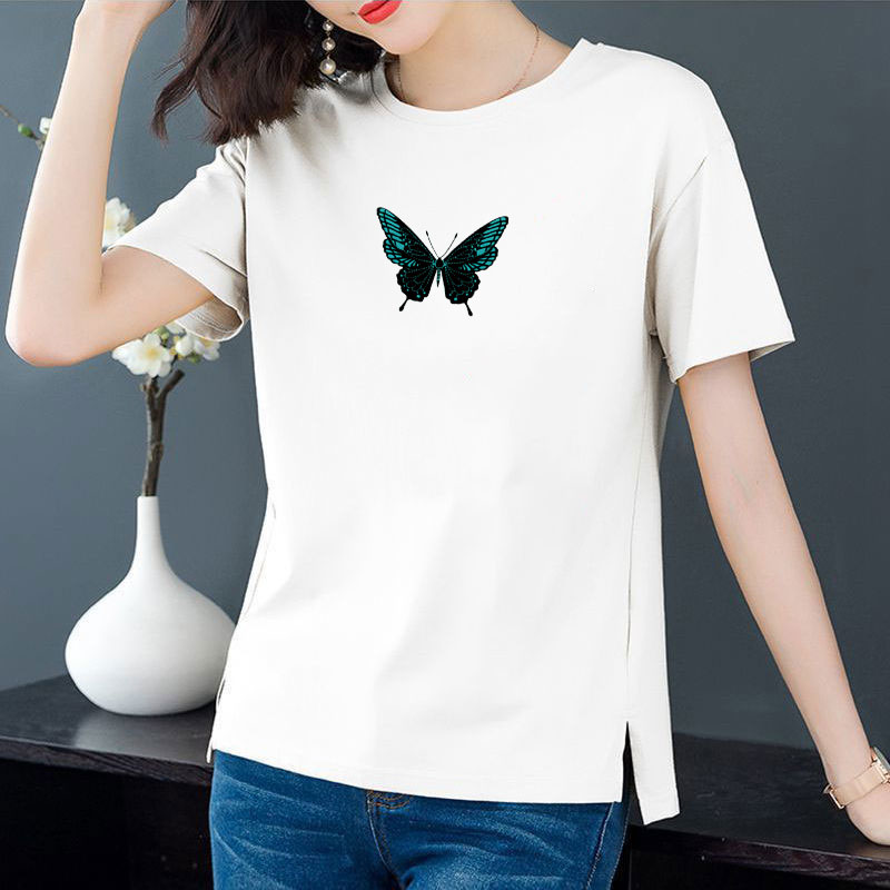 Cotton 6 colors large round neck split short sleeve T-shirt women's casual versatile top