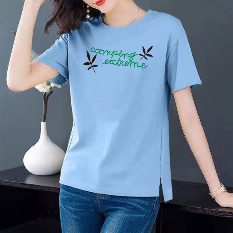 Cotton 6 colors large round neck split short sleeve T-shirt women's casual versatile top