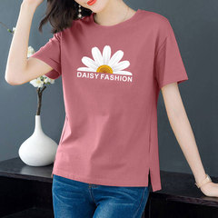 純棉6個顏色大碼圓領開叉短袖t恤女休閒百搭上衣女