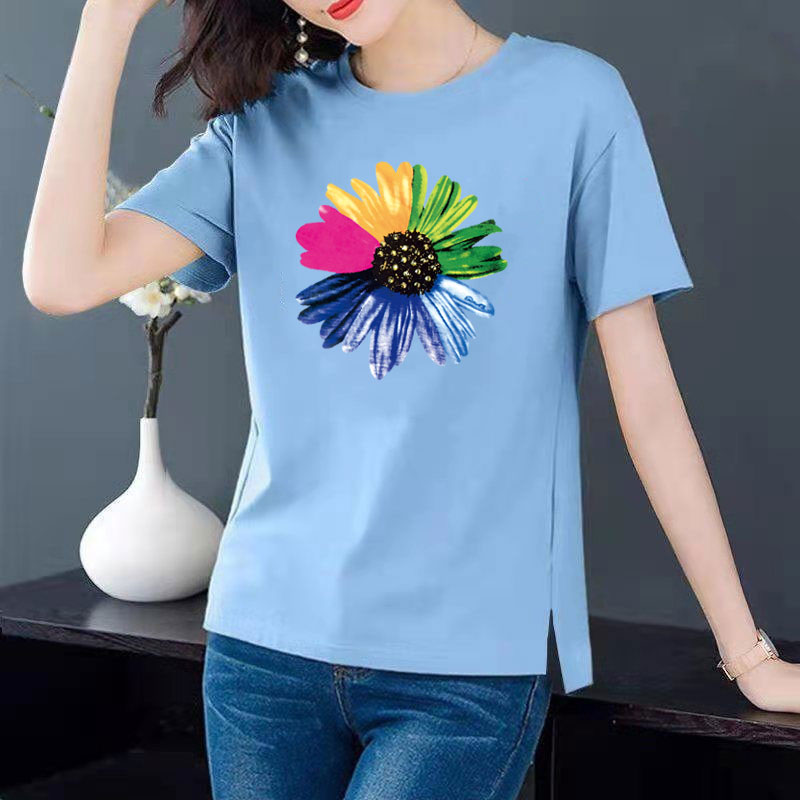 Cotton 6 colors large round neck split short sleeve T-shirt women's casual versatile top