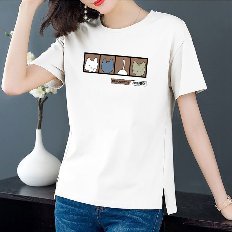 Cotton 6 colors large round neck split short sleeve T-shirt women's casual versatile top