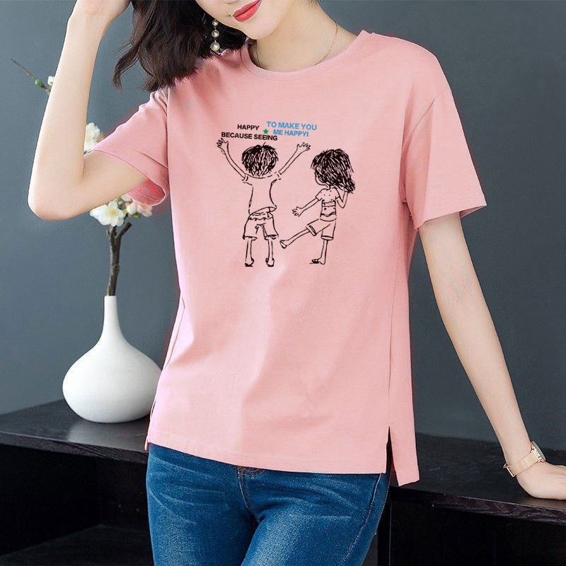 Cotton 6 colors large round neck split short sleeve T-shirt women's casual versatile top