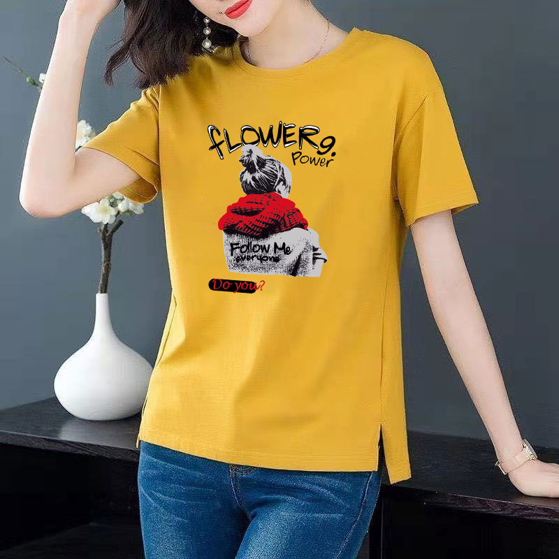 Cotton 6 colors large round neck split short sleeve T-shirt women's casual versatile top