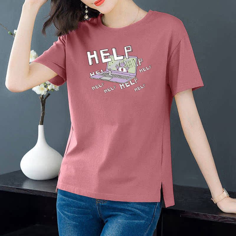 Cotton 6 colors large round neck split short sleeve T-shirt women's casual versatile top