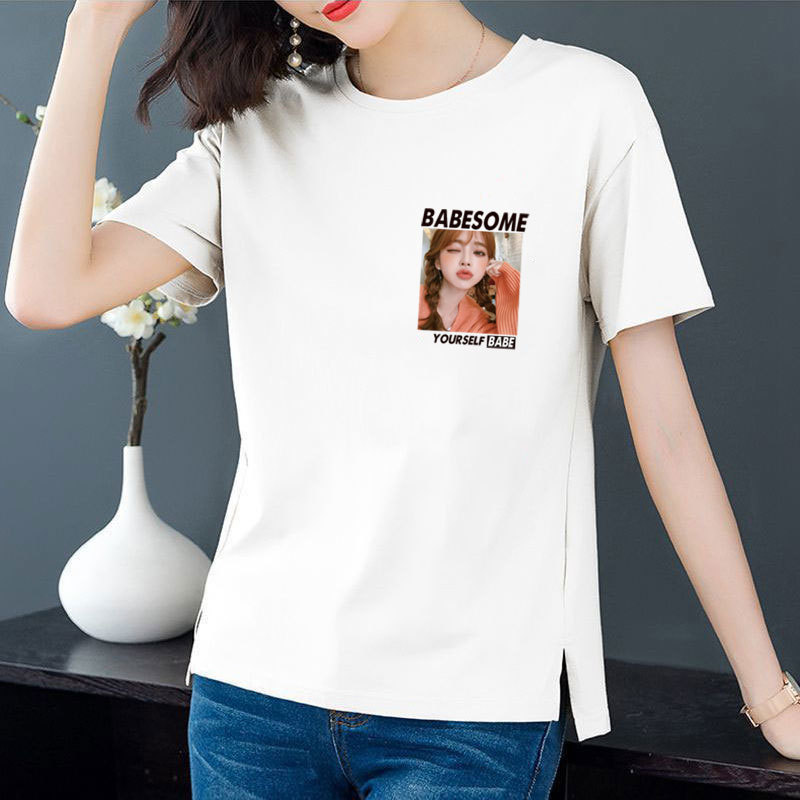 Cotton 6 colors large round neck split short sleeve T-shirt women's casual versatile top