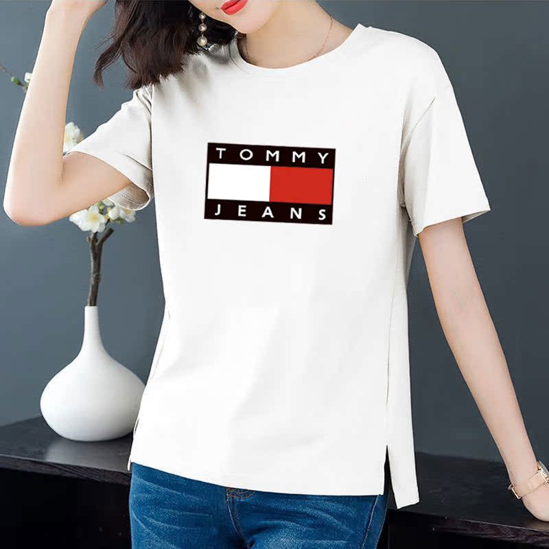 Cotton 6 colors large round neck split short sleeve T-shirt women's casual versatile top