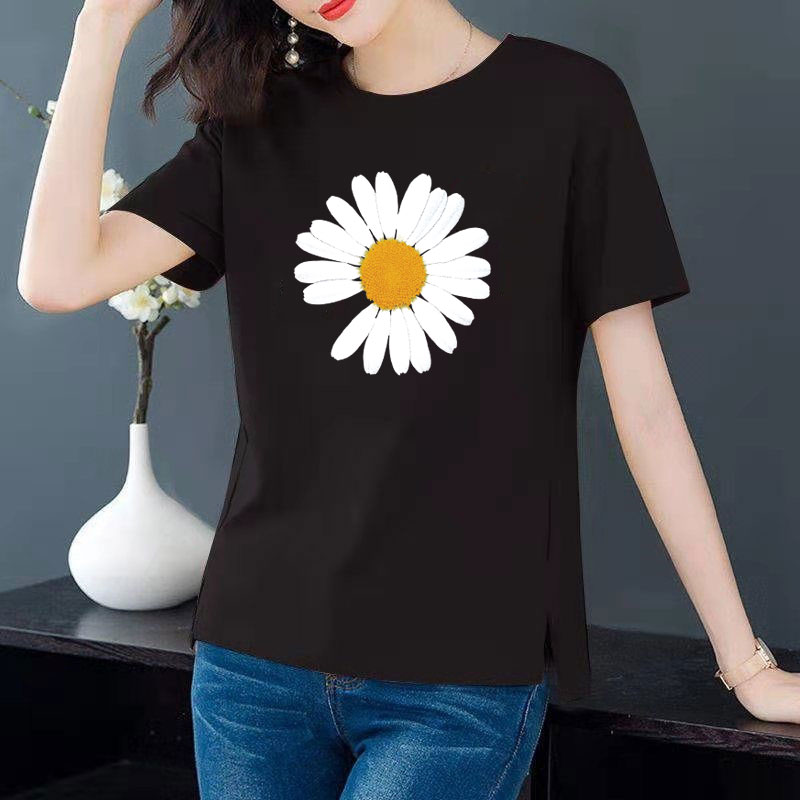 Cotton 6 colors large round neck split short sleeve T-shirt women's casual versatile top