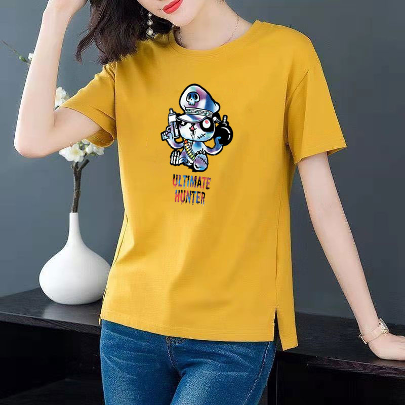 Cotton 6 colors large round neck split short sleeve T-shirt women's casual versatile top