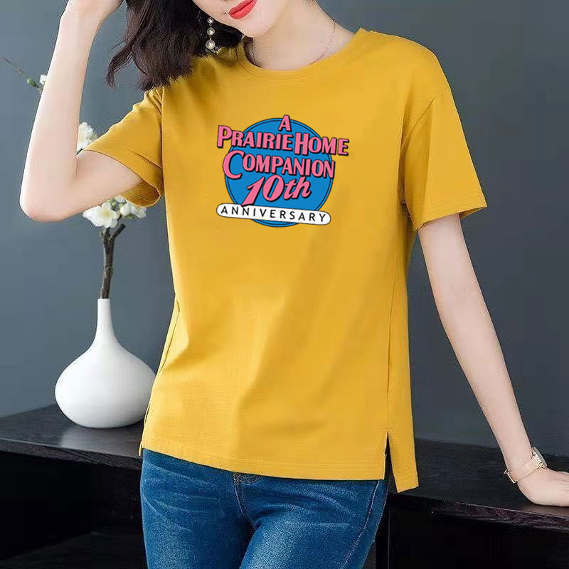 Cotton 6 colors large round neck split short sleeve T-shirt women's casual versatile top