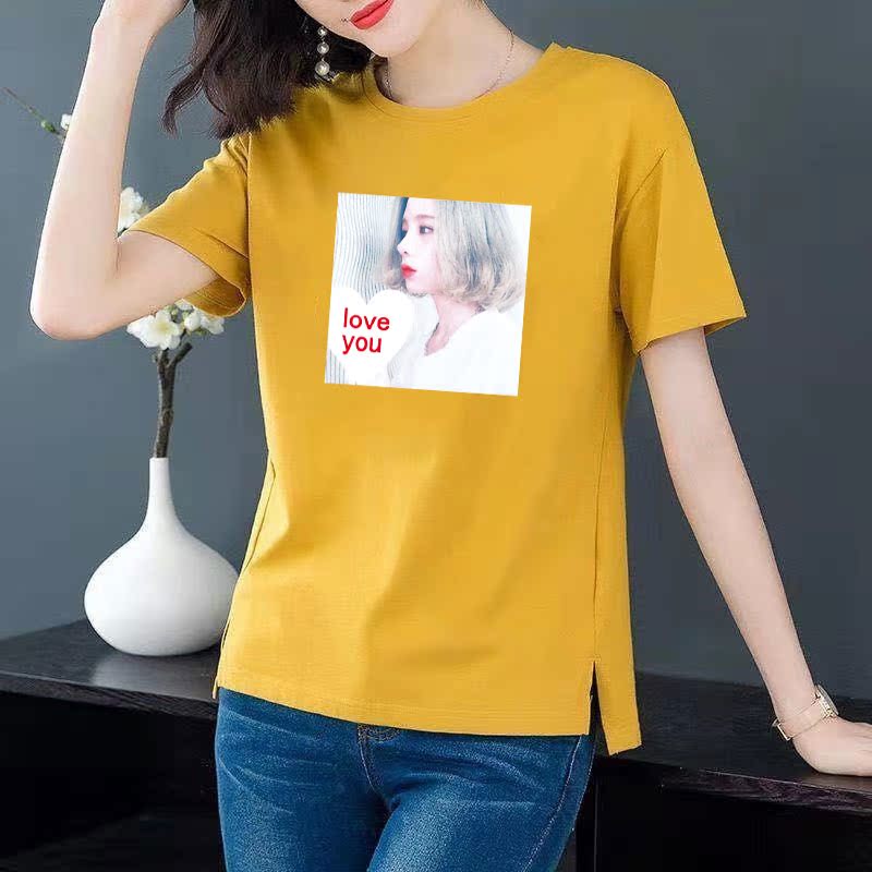 Cotton 6 colors large round neck split short sleeve T-shirt women's casual versatile top