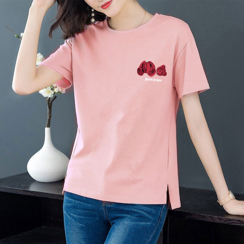 Cotton 6 colors large round neck split short sleeve T-shirt women's casual versatile top