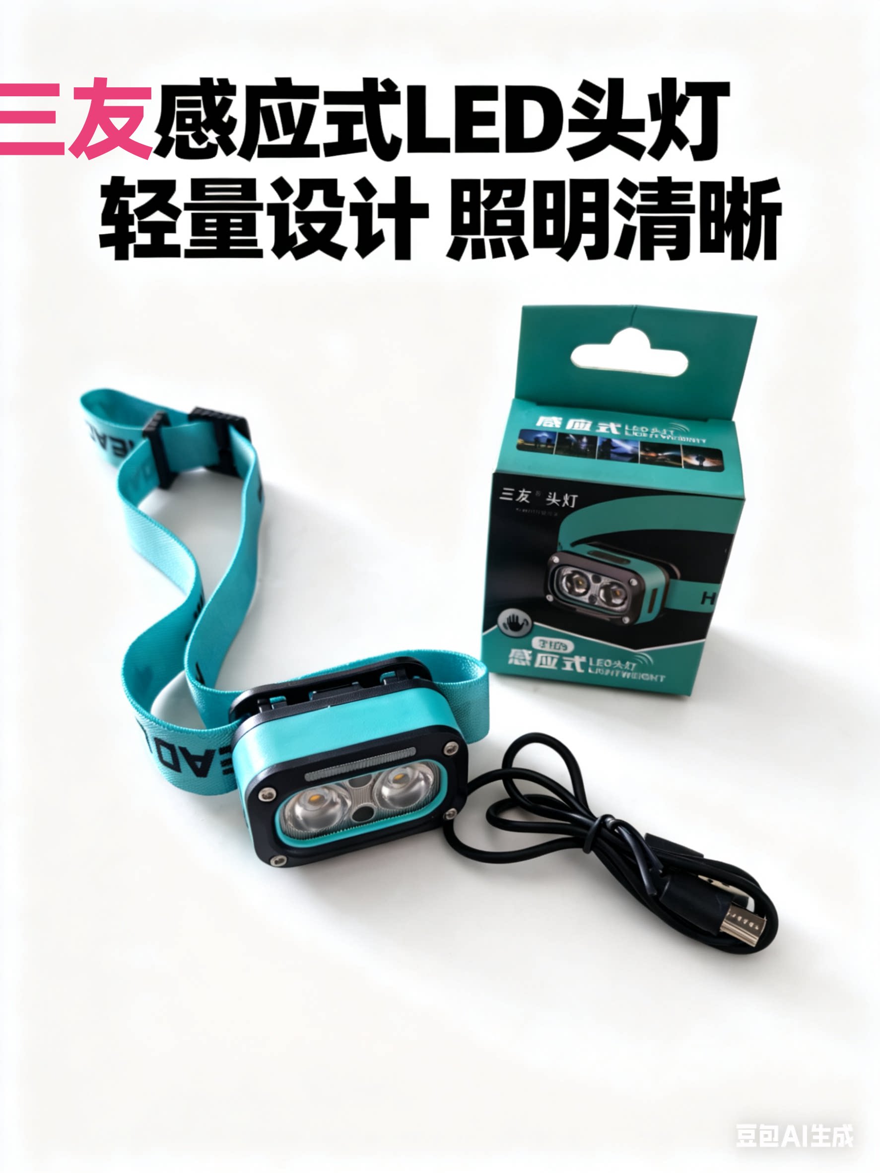 三友感应头灯头戴式骑行夜跑户外防水充电超轻亮强光钓鱼夜灯新款图片