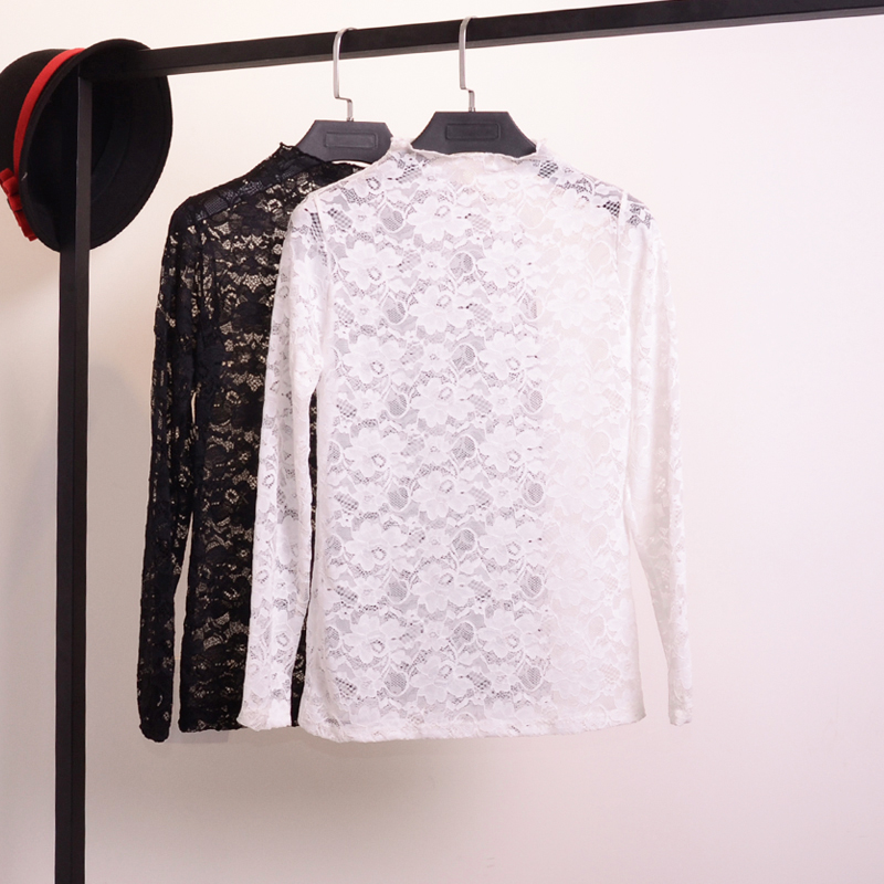 蕾丝打底衫韩版潮女装小半高领长袖秋衣单层透视内搭衫显瘦潮立领