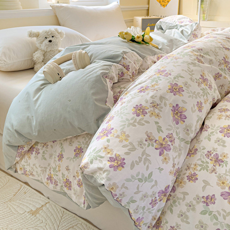 高支密全棉13376斜纹纯棉被套四件套A类清新植物风全棉被套床罩